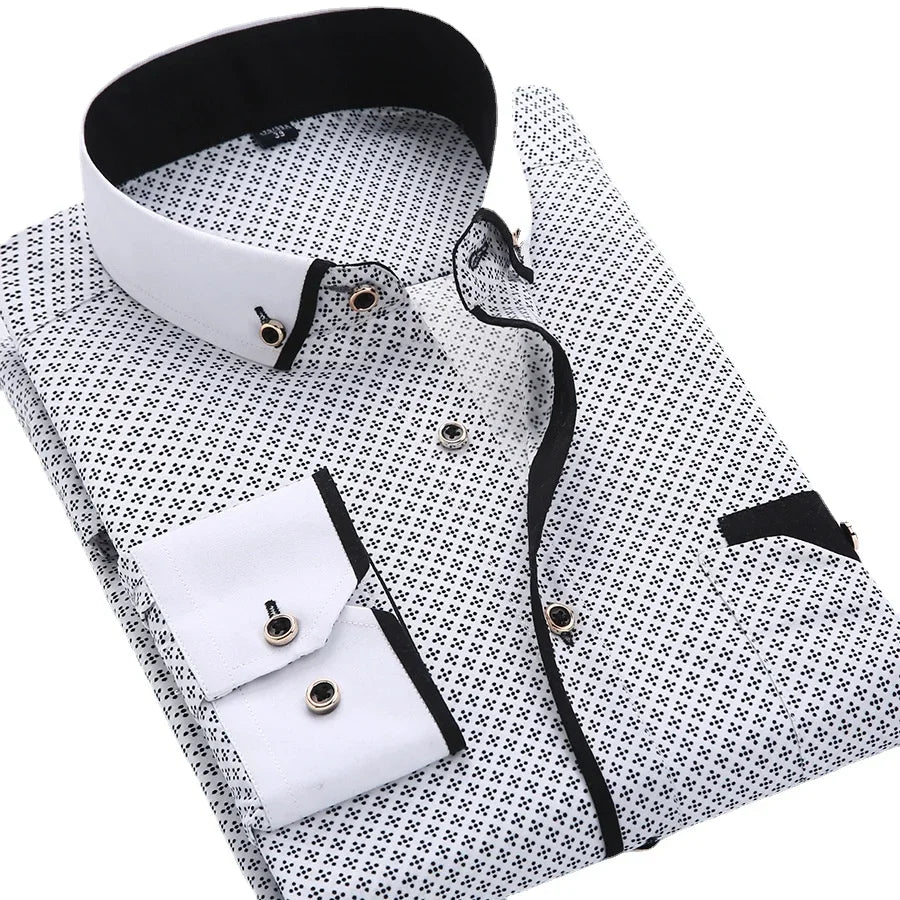 Black floral button-down men's shirt with long sleeves, slim fit, high-quality casual dress shirt by Showlu Fashion.