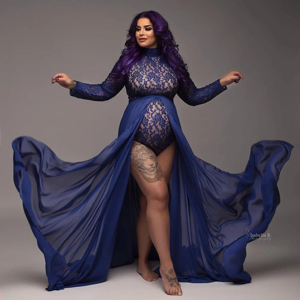 Stretchy lace maternity bodysuit with chiffon sides and slit skirt, perfect for pregnancy photoshoots and maternity photography sessions.
