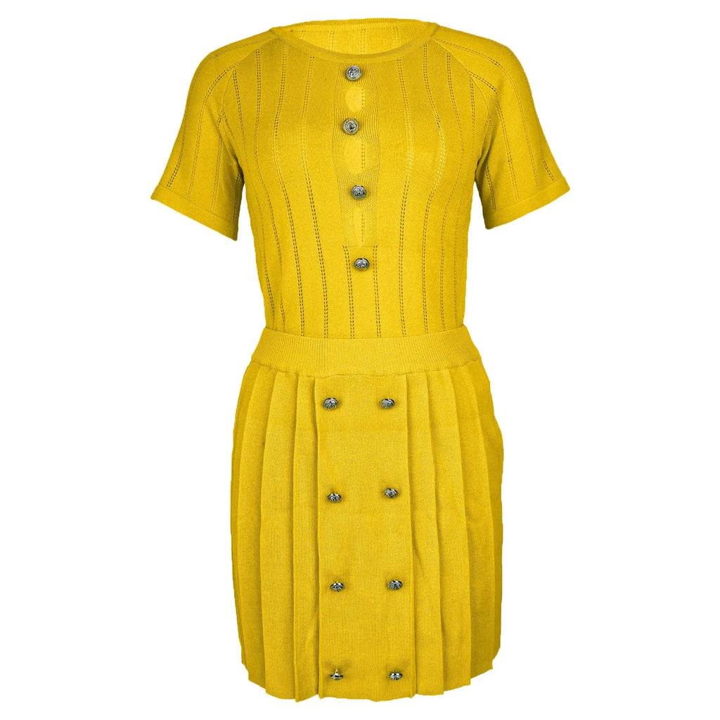Yellow women's knit set with short sleeve top and mini skirt, shown in a stylish two-piece design by SHOWLU FASHION STORE