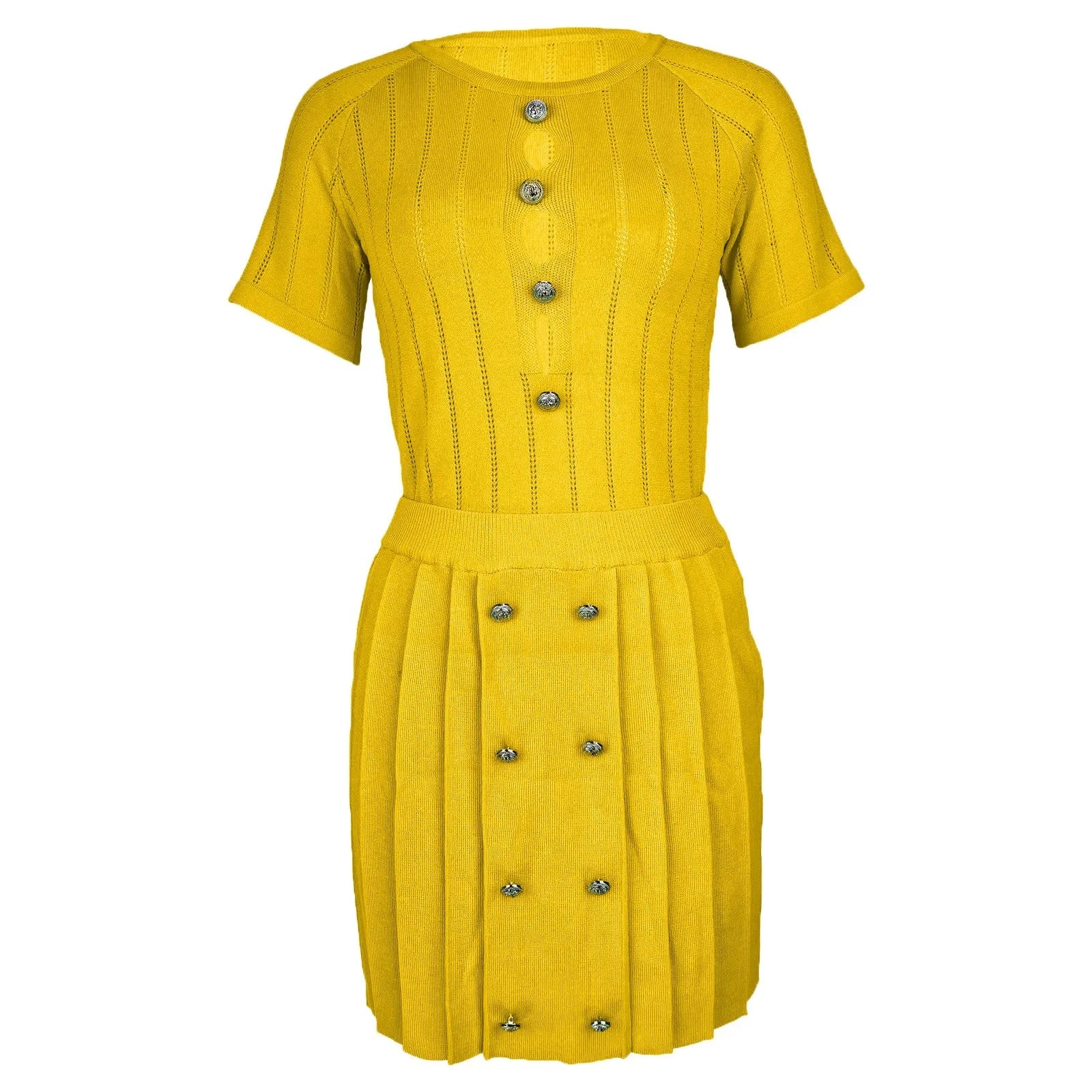 Yellow women's knit set with short sleeve top and mini skirt, shown in a stylish two-piece design by SHOWLU FASHION STORE