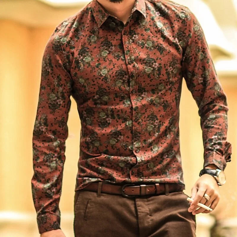 3D printed men's long sleeve Hawaiian shirt with floral pattern, made by Showlu Fashion Store, featuring a comfortable flap top design.