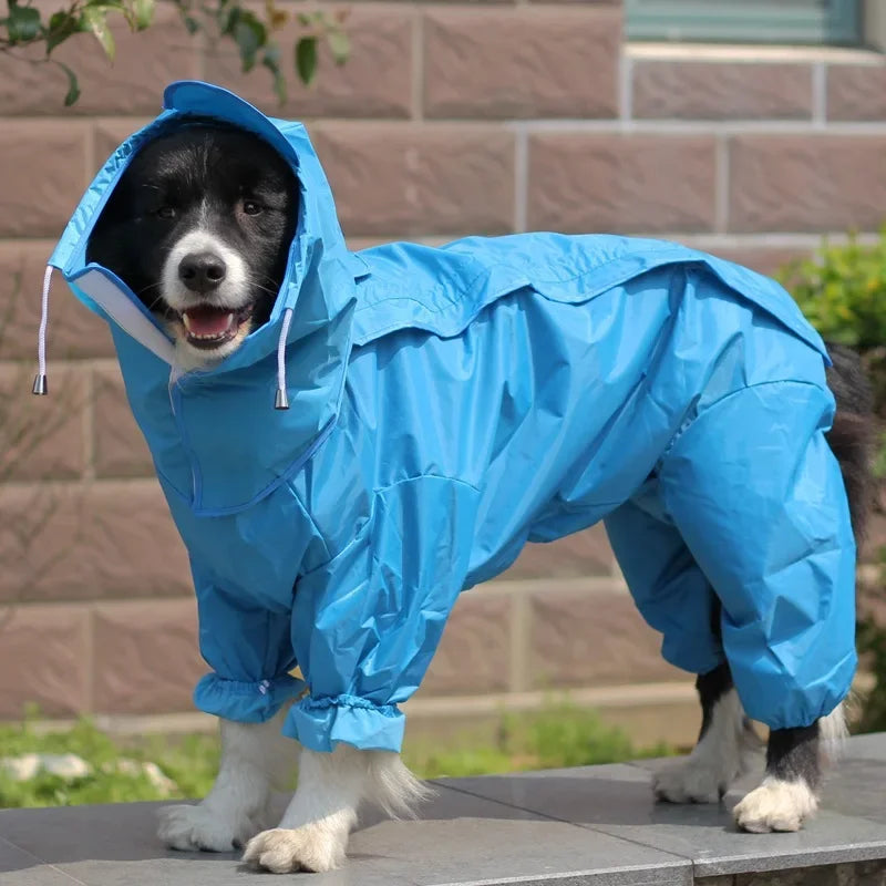Showlu waterproof dog raincoat hoodie made of PU leather, large dog poncho with hood for outdoor protection in wet weather.