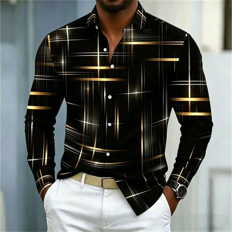 2026 men's shirt with fashionable printed lines, checkered long sleeved shirt, lapel, slim fit, business casual men's shirt