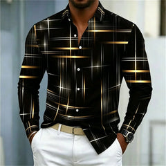 2026 men's shirt with fashionable printed lines, checkered long sleeved shirt, lapel, slim fit, business casual men's shirt