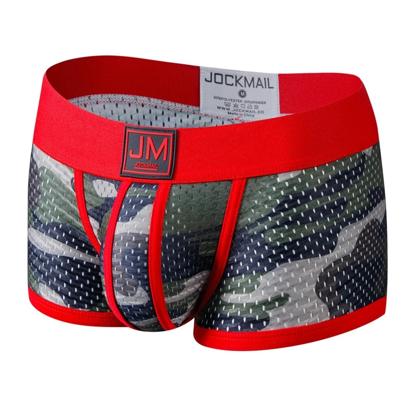 Men's camouflage mesh boxer briefs by JOCKMAIL with nylon pouch, featuring breathable, fitted underwear from Showlu Fashion Store.