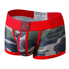 Men's camouflage print mesh boxer briefs with a red waistband and a prominent front pouch.