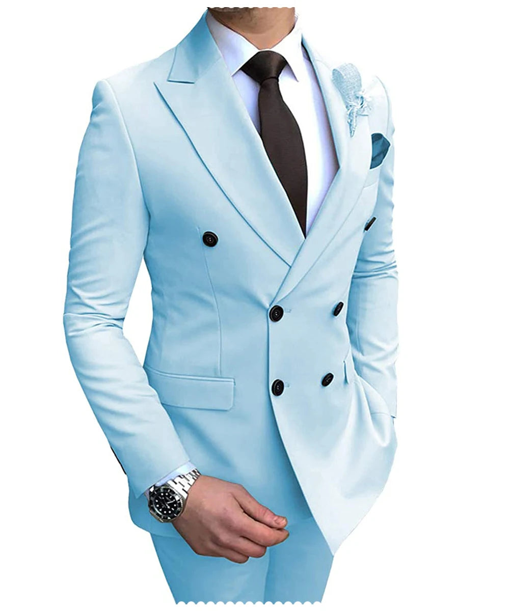 Beige men's 2024 slim-fit suit with double-breasted blazer and pants, notch lapel, perfect for wedding or casual occasions.