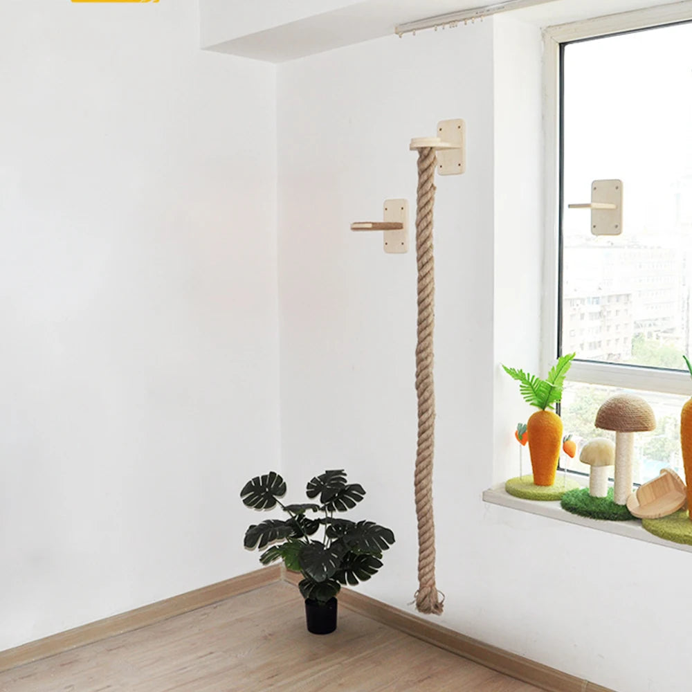 Wall-mounted cat climbing rope and sisal scratching post by Showlu Fashion Store, made of wood with sisal rope for cats to climb and scratch.