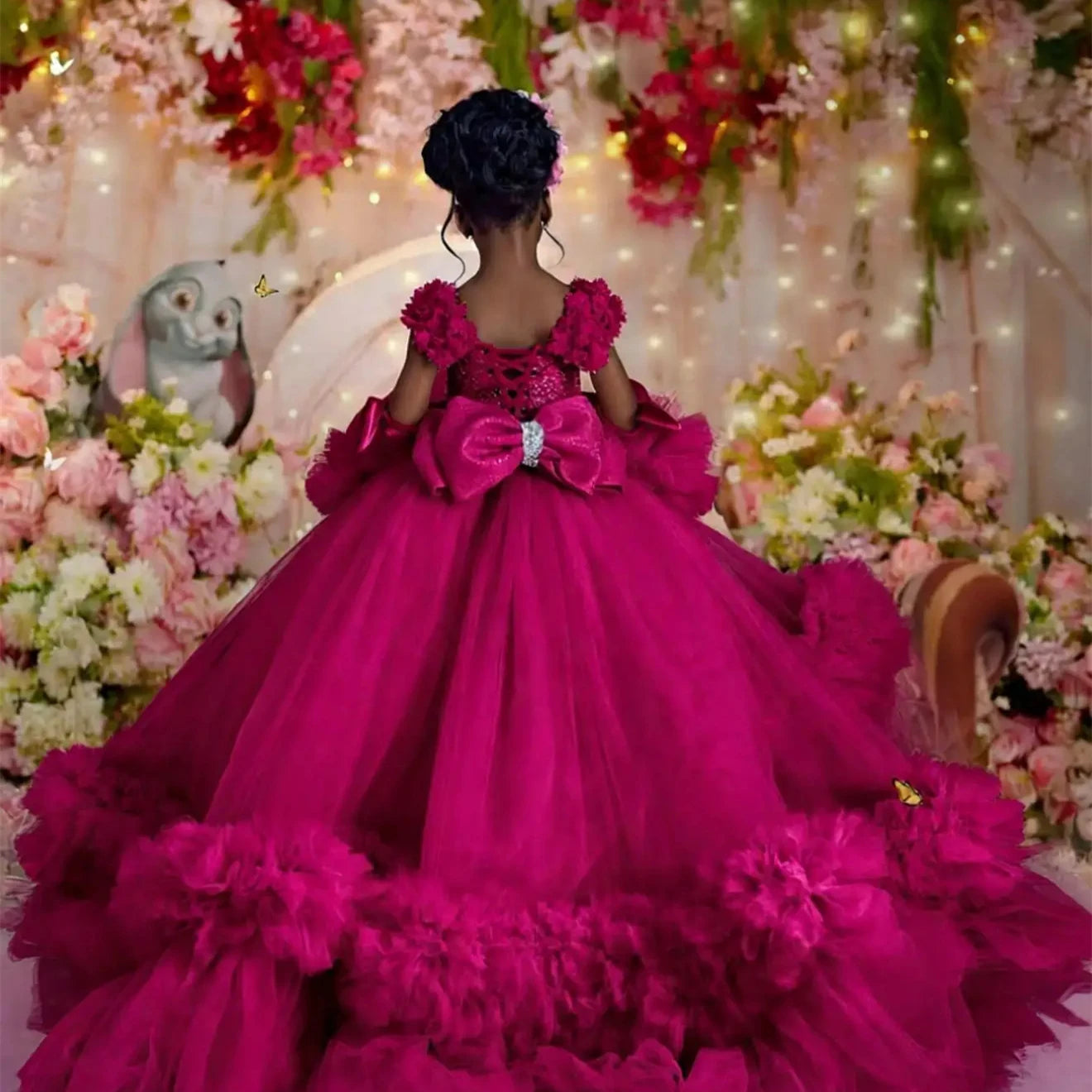 Customized Pink Flower Girl Dress For Wedding Glitter Bow Sleeveless Tiered Floor Length Kids Birthday First Communion Gown