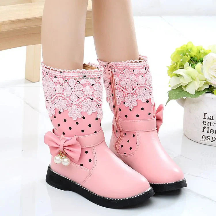 Girls winter snow boots by JGSHOWKITO, featuring warm cotton lining and PU leather mid-calf design.