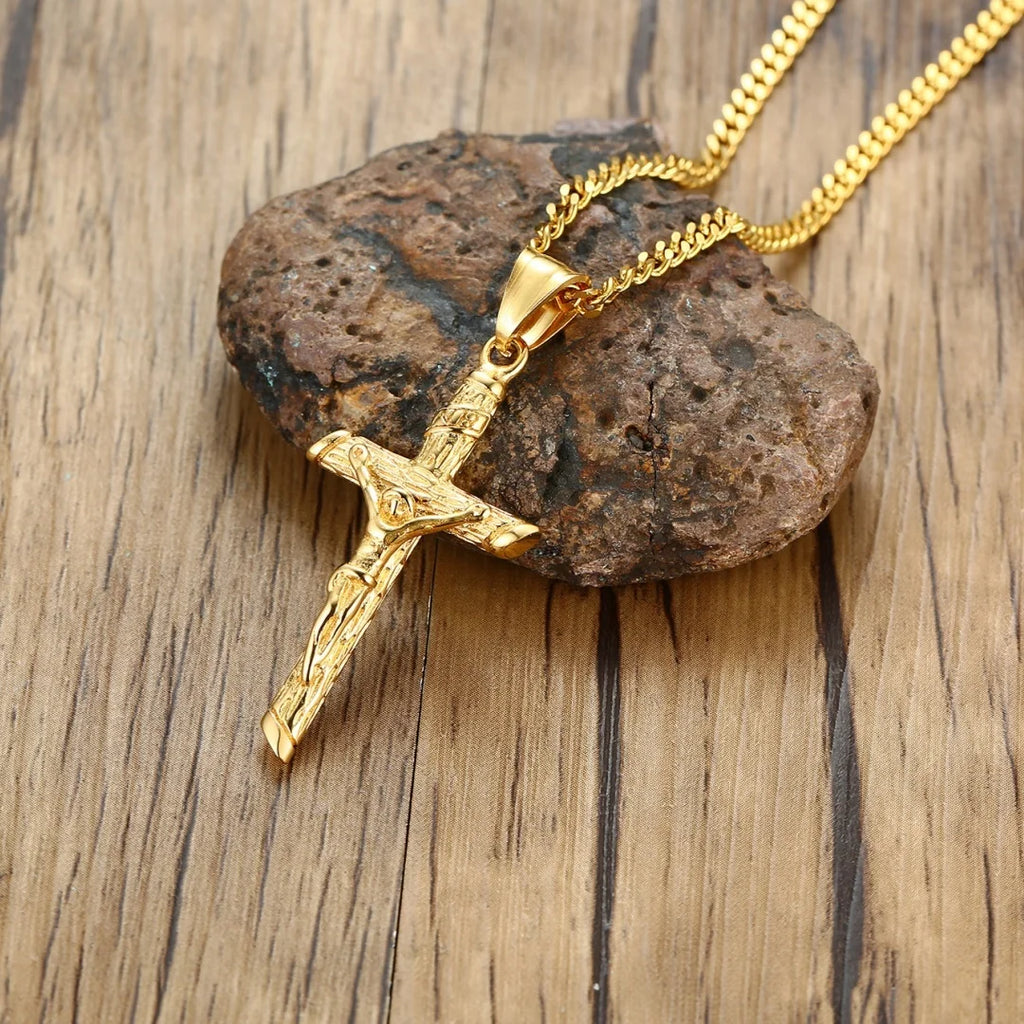 Gold-colored stainless steel cross necklace with Jesus pendant, Catholic faith jewelry for men and women, suitable for prayer and gift.