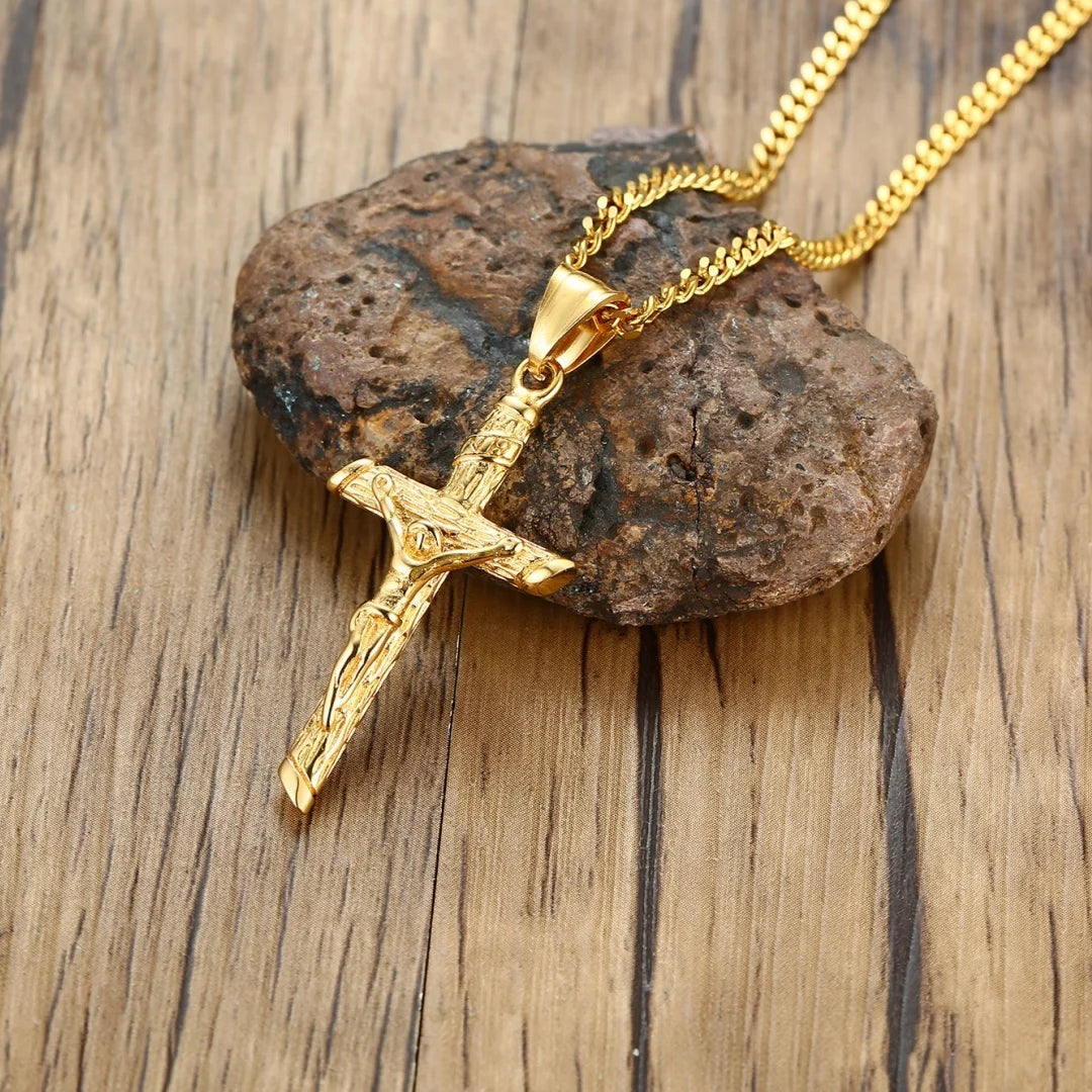 Gold-colored stainless steel cross necklace with Jesus pendant, Catholic faith jewelry for men and women, suitable for prayer and gift.