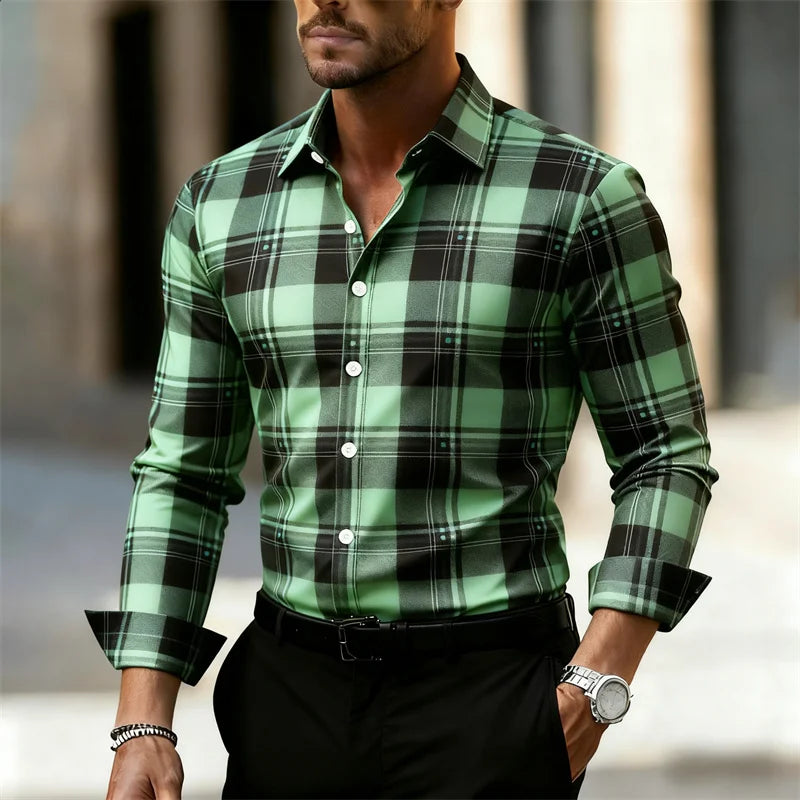 Men's plaid shirt by Showlu Fashion Store, casual long-sleeved street style top in large sizes XS-6XL, suitable for outdoor daily wear.