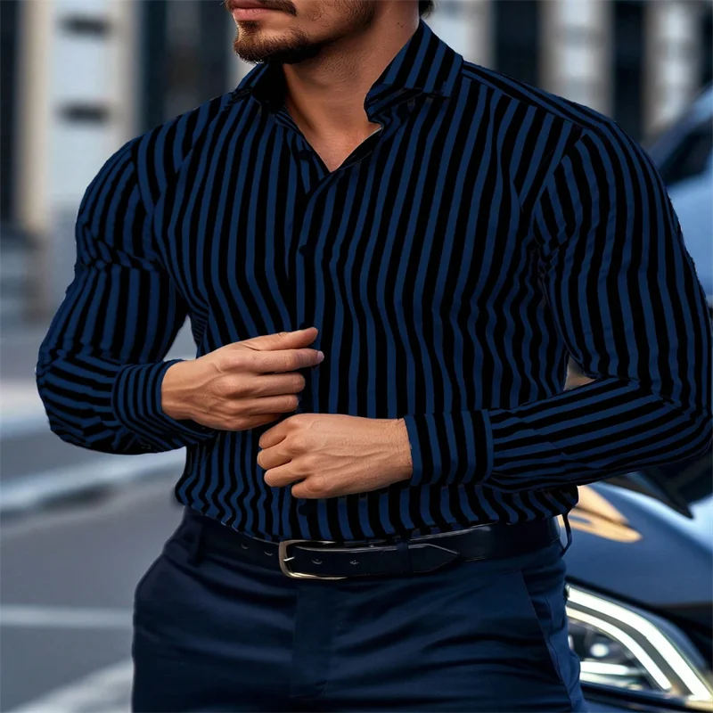 European men's striped long-sleeve casual business shirt in luxury quality, plus size 6XL, from Showlu Fashion Store.