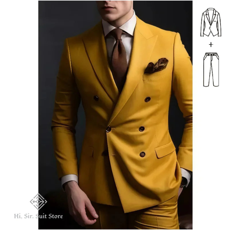 Slim-fit men's double-breasted blazer and dress pants suit set by Showlu Fashion, ideal for weddings, reunions, or formal occasions.