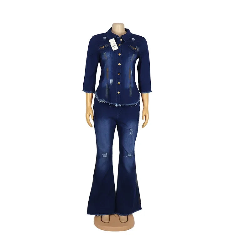 Two-piece women cowboy suit with jean jacket and flare pants, featuring a turndown collar and casual style, by Showlu Fashion.