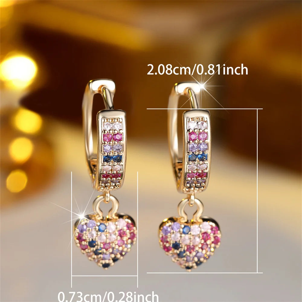 Gold plated Showlu Rainbow Zircon Heart Hoop Earrings featuring sparkling crystal details for elegant jewelry styling.