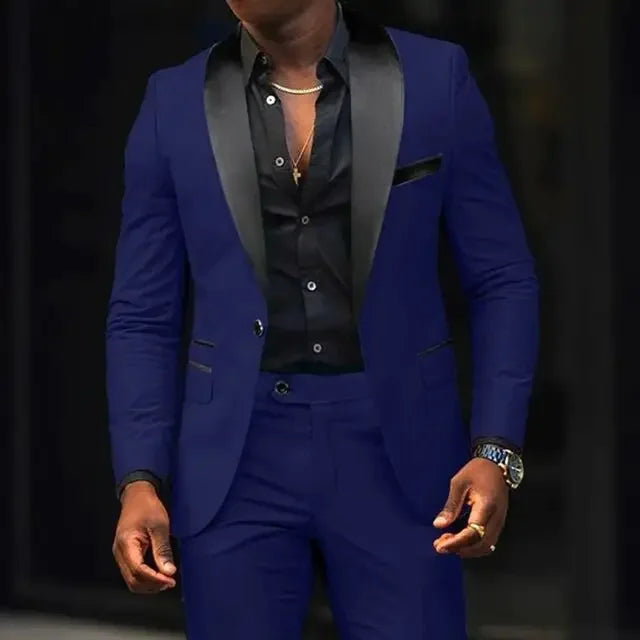Men's slim fit cotton suit with shawl lapel blazer from Showlu Fashion, stylish two-piece formal wear for men.