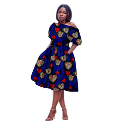 African Ankara Printed Fabric Women's Strapless Loose Dress Sexy Waistband Bubble Sleeve Dress 2425079