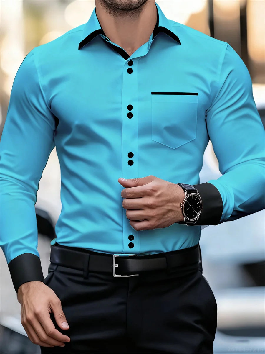 Men's black and white color block collar long sleeve slim fit shirt with patchwork design, wrinkle-free men's fashion top