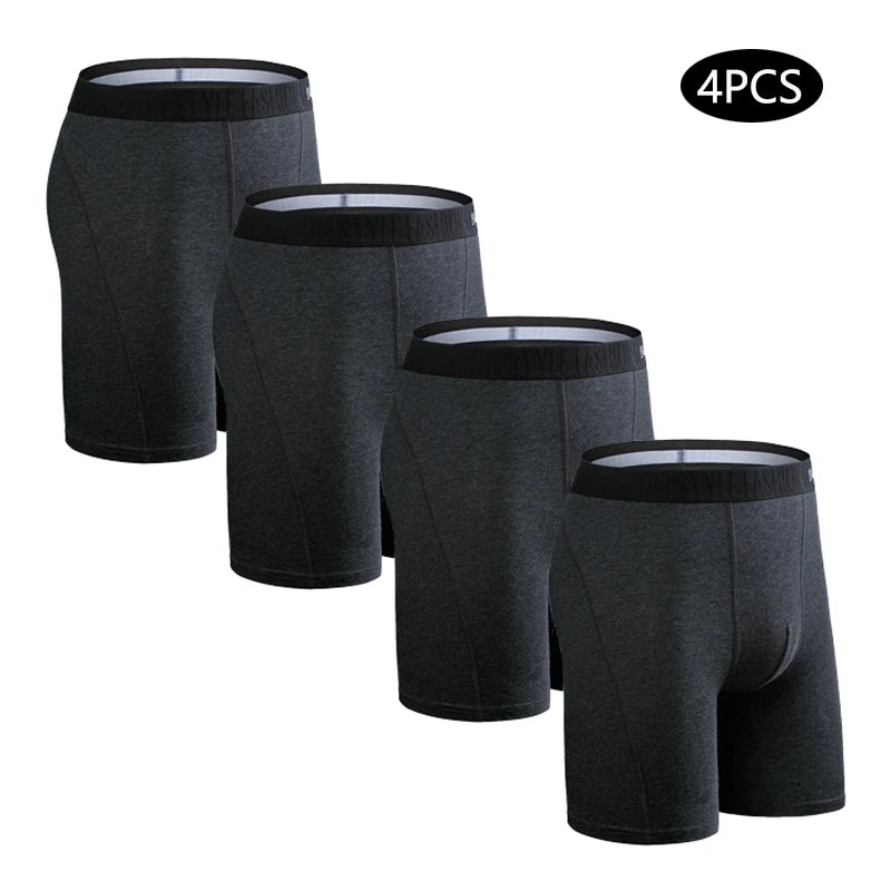 Men's long leg boxer shorts by SRBONITOS, 4-pack cotton plus size trunks, shown in black and navy, comfortable and breathable fabric.