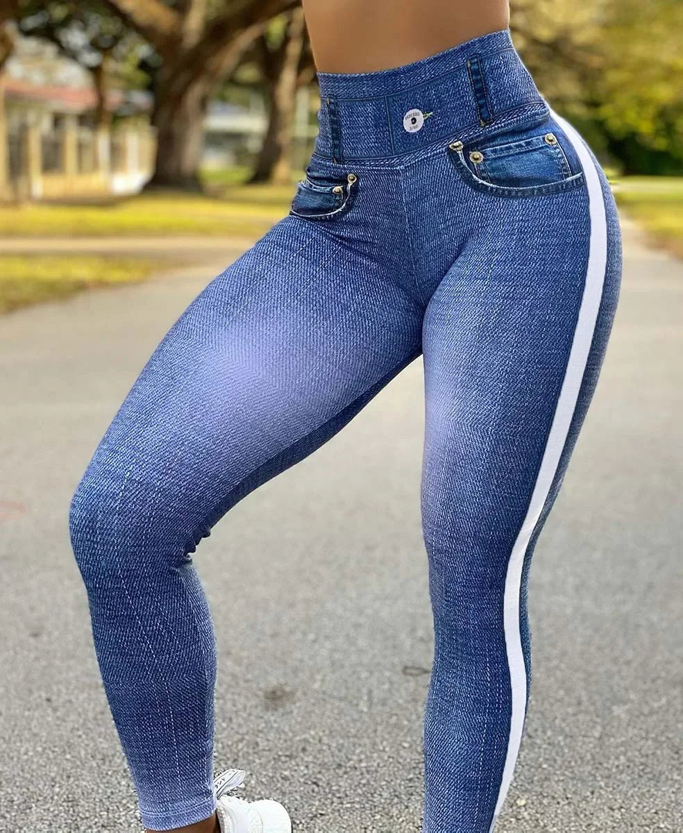 Denim look print high waist tummy control butt lift leggings for women, slim fit spring summer pencil pants by Showlu Fashion.