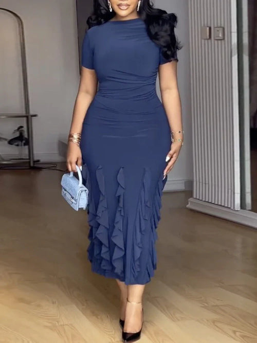 AOMEI women's short sleeve ruffle midi dress in slim fit, perfect for evening parties, shown in a stylish design with ruffle details.