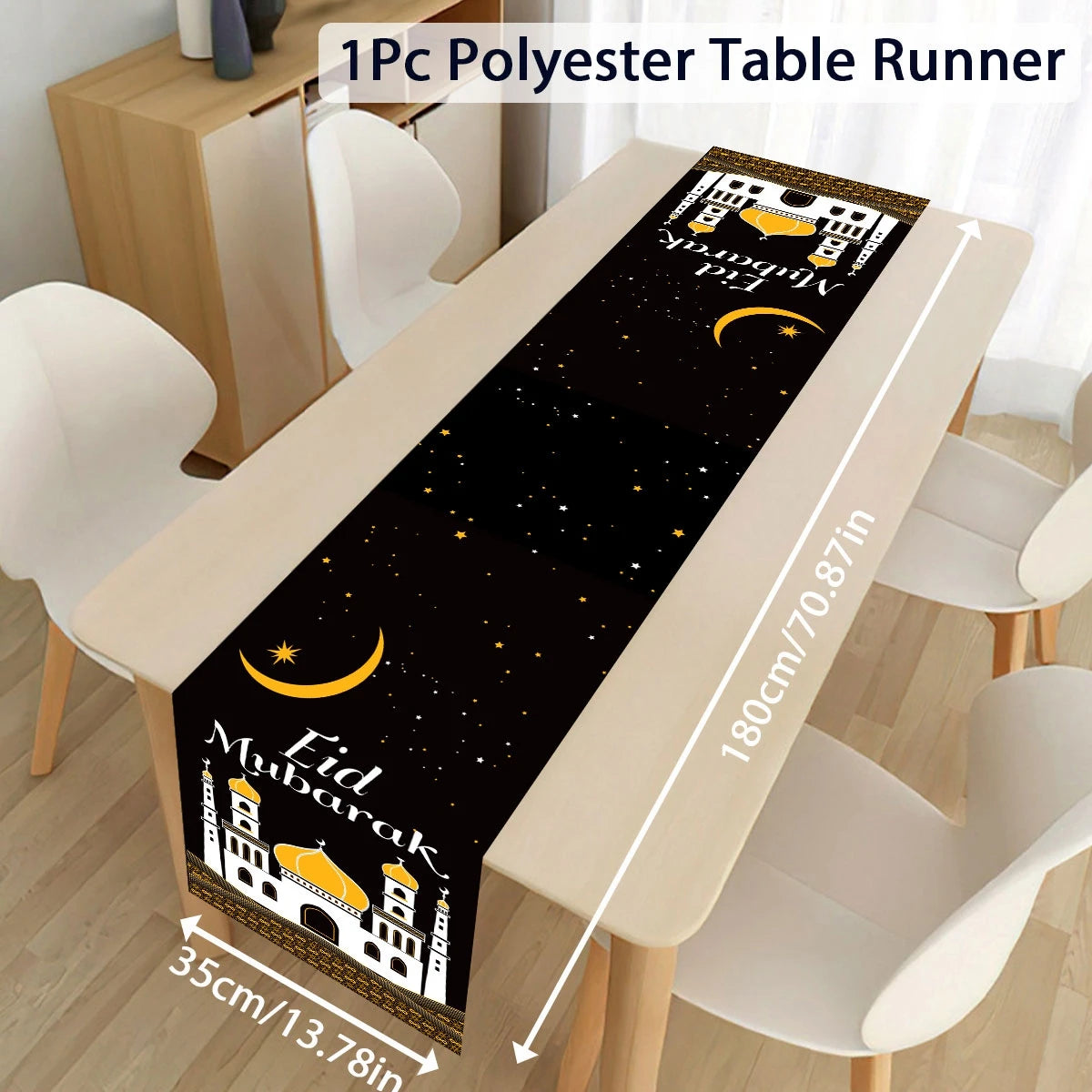 Ramadan decoration table runner with Eid Mubarak design, perfect for Islamic home table decor for Eid al-Fitr celebrations.