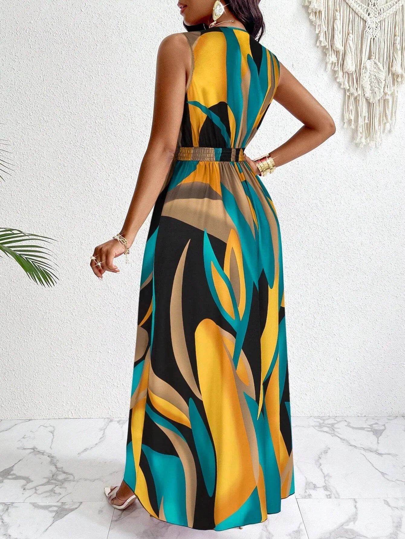 SHOWLU Tropical Print V-Neck Fit and Flare Maxi Dress for Women displayed on a woman, featuring vibrant tropical floral pattern.