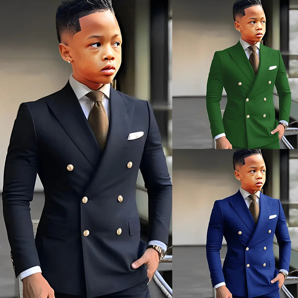 Elegant navy blue boys' suit featuring a peak lapel, double-breasted design, perfect for formal events and weddings.