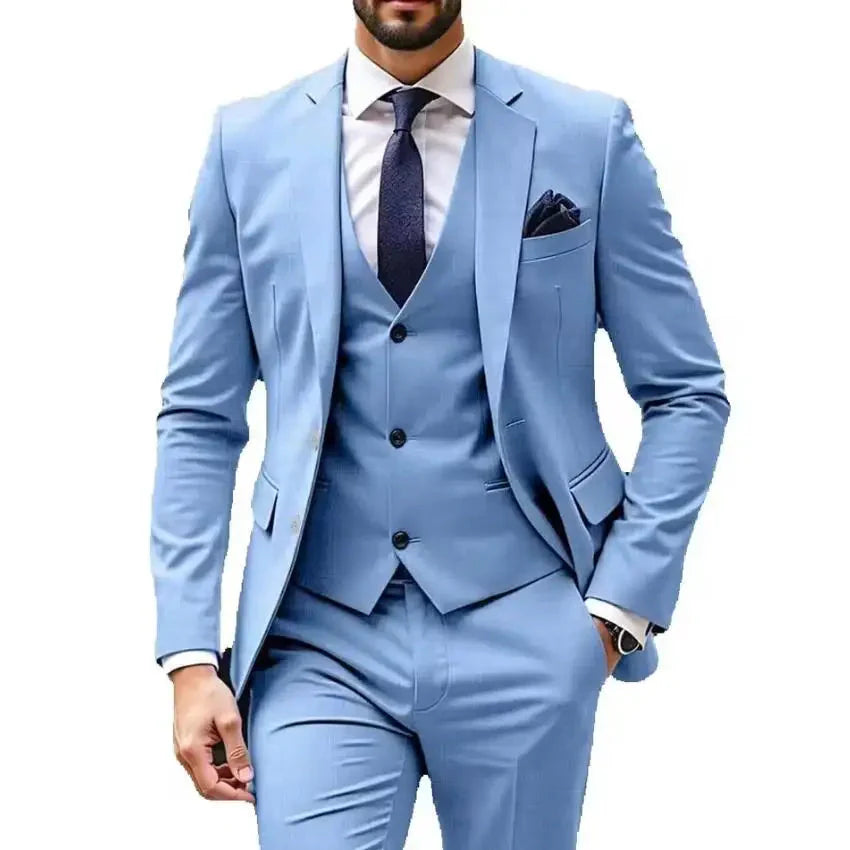 Light blue men's 3-piece slim fit suit with wedding blazer, shown by Showlu Fashion Store, featuring tailored design and modern style.