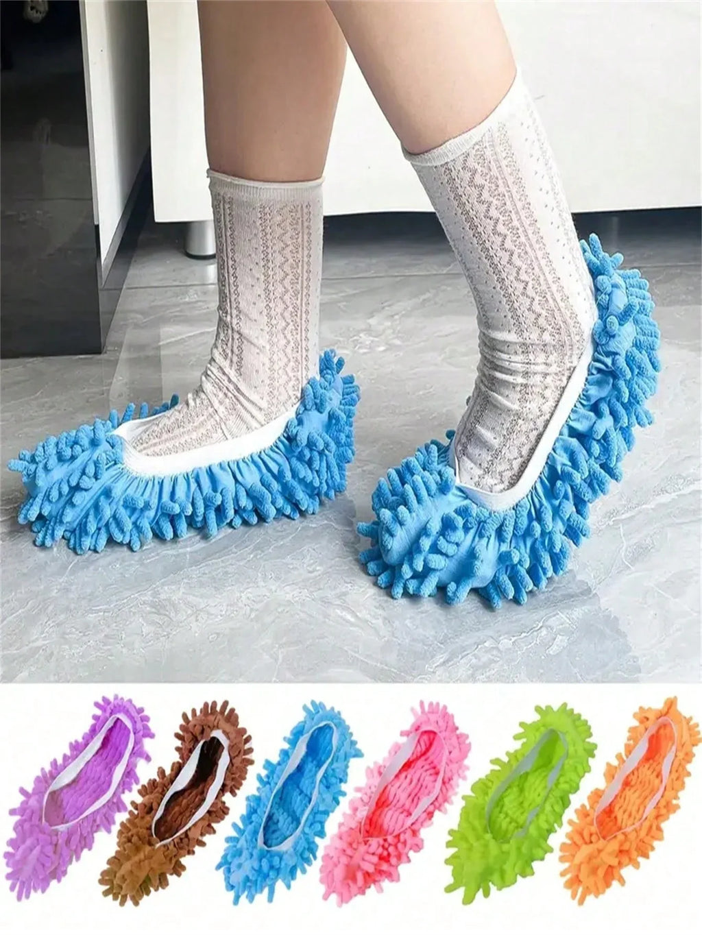 Showlu Fashion 2-piece microfiber mop slippers, washable dusting socks in white and gray, designed for easy cleaning and dusting.