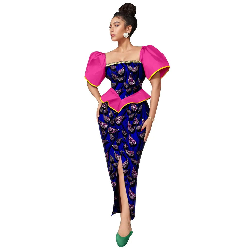 Women's Ankara print square neck puff sleeve A-line dress by SHOWLU FASHION STORE, featuring vibrant fabric and classic silhouette.