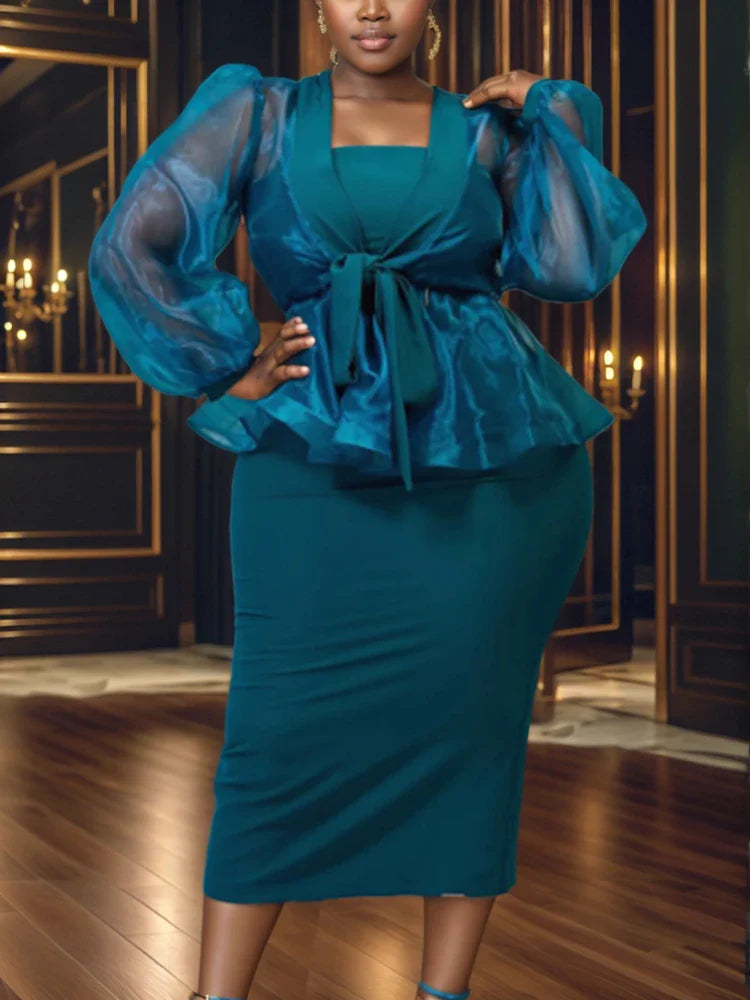 AOMEI Women's two-piece V-neck lantern sleeve office party dress set in elegant fabric, shown on a model.