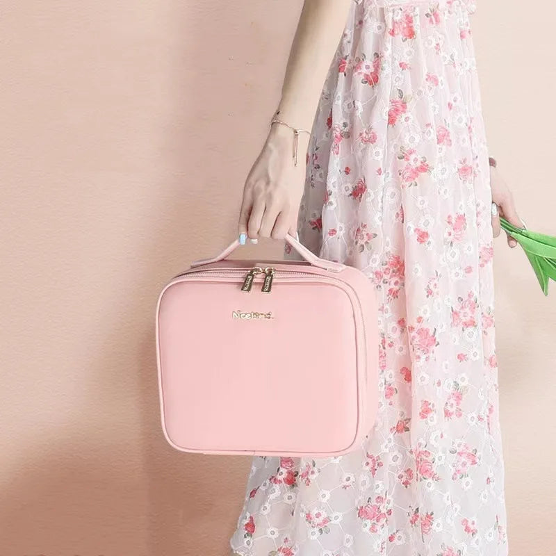 Showlu LED lighted cosmetic case made of waterproof PU leather, featuring organized compartments for makeup and beauty essentials.