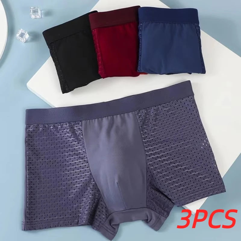 Showlu Men's Ice Silk Mesh Boxer Shorts in a breathable 3-pack, featuring lightweight, comfortable underwear with a smooth fit.