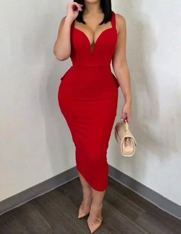 SHOWLU Women's sexy plunge ruffle hem backless party dress in mid-calf length, with elegant design and stylish silhouette.