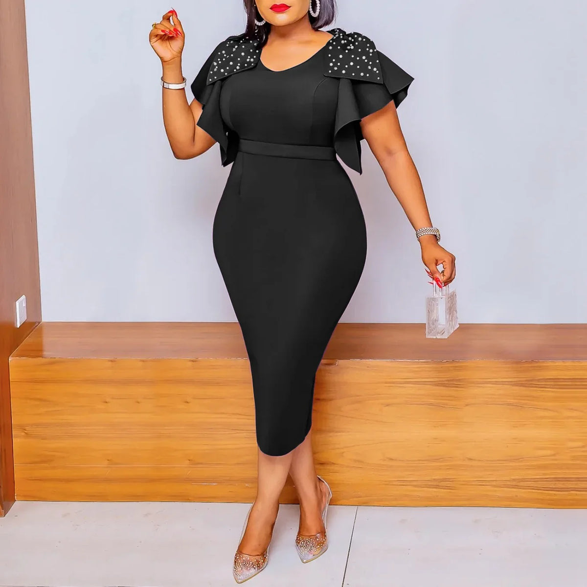 SHOWLU Women's V-Neck Beaded Bodycon Dress with Ruffle Sleeves, sheath midi style, elegant evening wear in black.