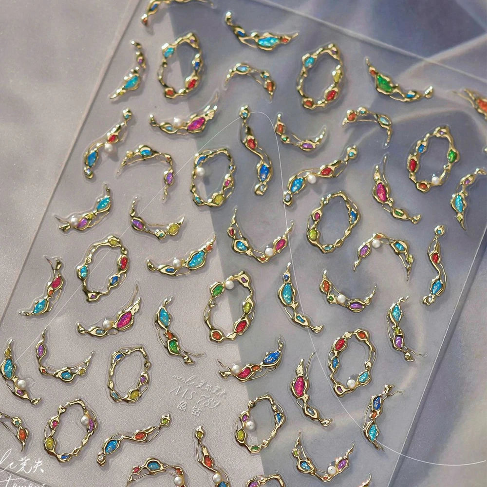 Elegant gold scepter 5D nail art stickers with gemstone designs, perfect for luxurious manicure decorations.