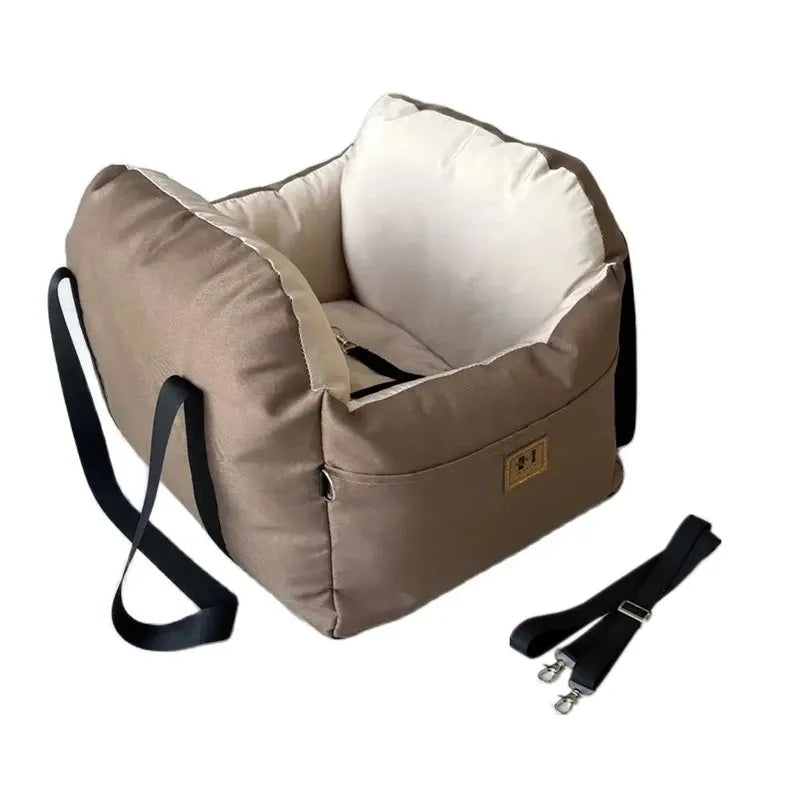 Showlu Dog Car Seat with Safety Belt, washable pet booster travel bed, designed for secure and comfortable car travel for dogs.