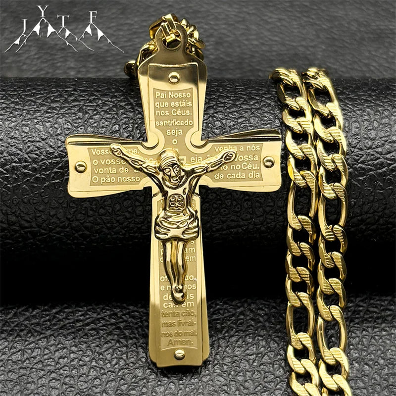 Gold stainless steel Christian Jesus cross crucifix necklace on a chain, featuring a religious pendant with detailed engraving.