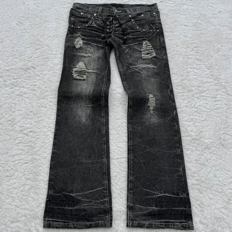 Retro double-waisted lace-up micro flared women's streetwear pants with washed high-quality design, suitable for men and women.