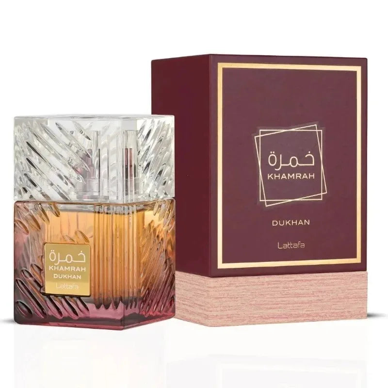 Lattafa Khamrah Dukhan Eau de Parfum bottle, 100ml unisex scent with elegant packaging and dark glass design