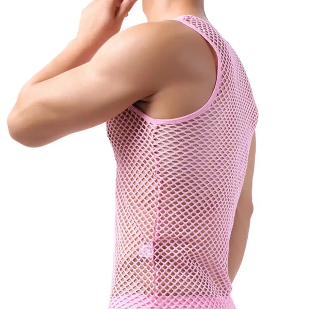 Showlu men's sheer mesh long sleeve undershirt, transparent and sexy, designed for a stylish, fitted appearance.