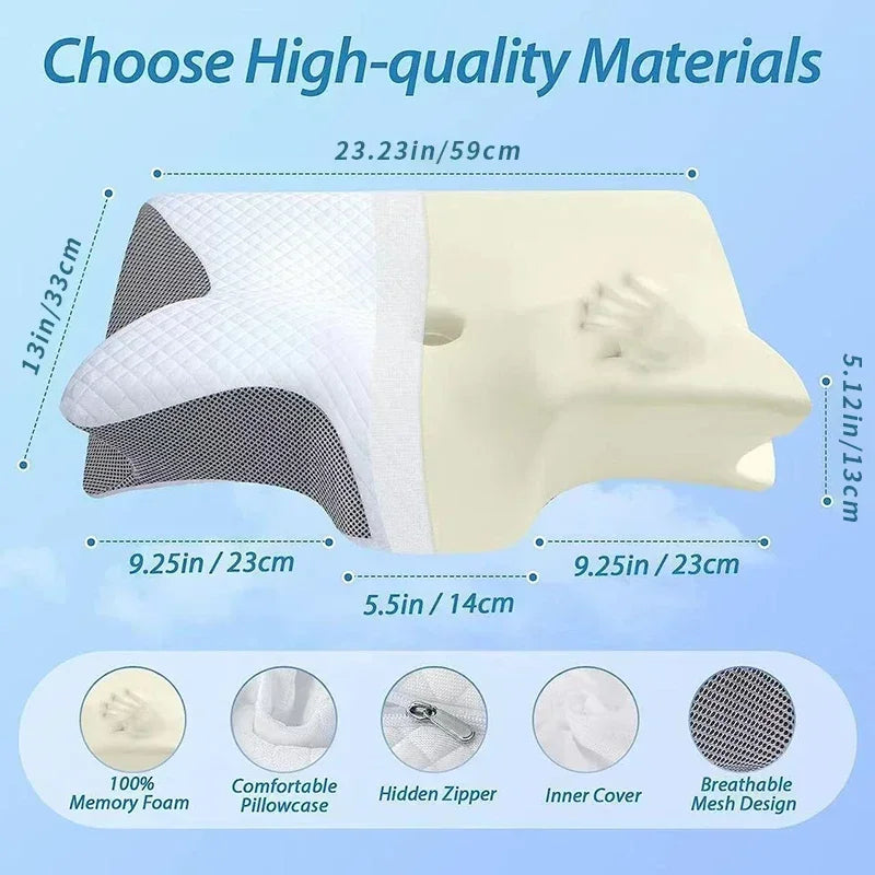 Tidesmit 2-in-1 ergonomic memory foam pillow for neck and back pain support, shown in a neutral color with contoured design.