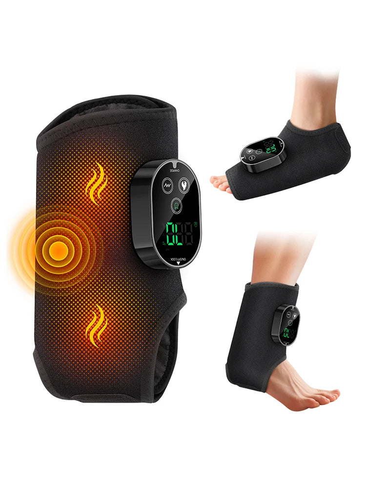 Showlu electric foot and ankle massager with adjustable strap, vibration and heating for muscle relaxation and winter comfort.