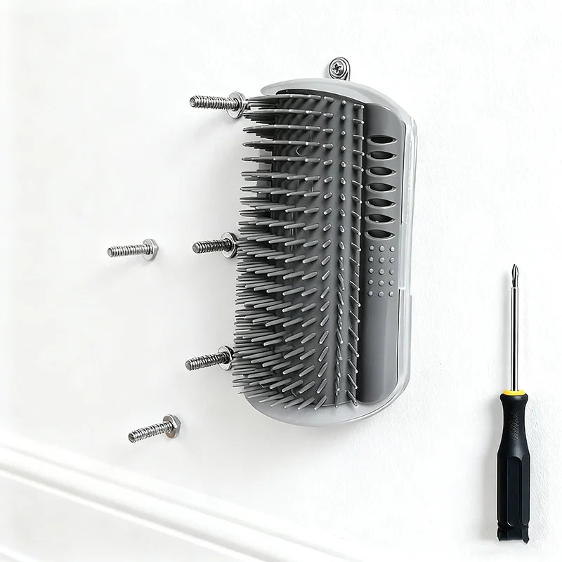 Wall-mounted cat self-groomer with massage comb brush for kittens and puppies, promoting grooming and relaxation.