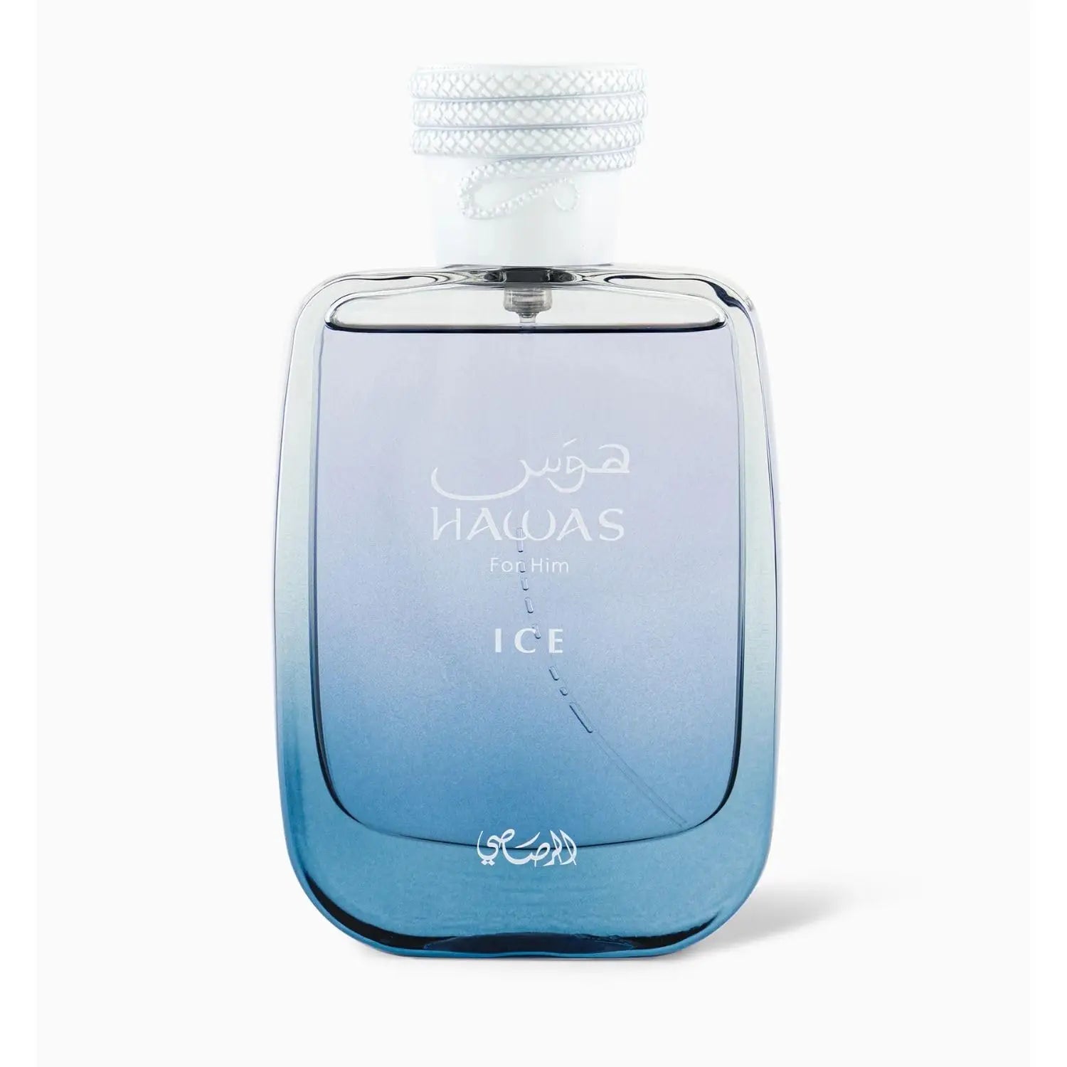 Men's Rasasi Hawas Ice Eau De Parfum 100ml, clear bottle with silver accents, showcasing the long-lasting fragrance.