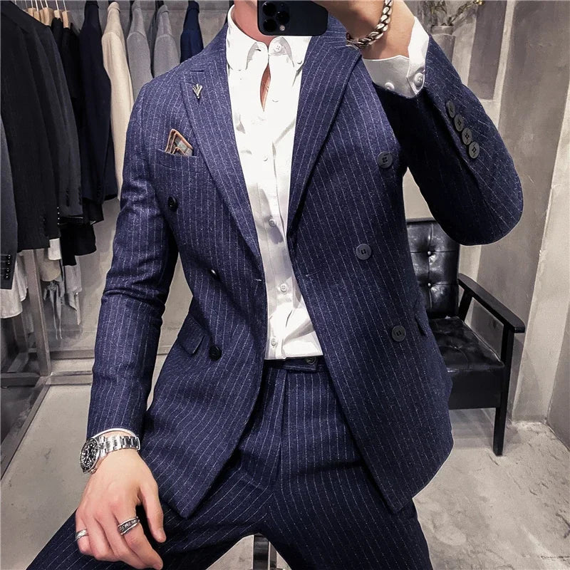 ( Blazer + Pants ) High-end Brand Formal Business Plaid Mens Suit Groom Wedding Dress Solid Color Stage Performance Tuxedo S-7XL SHOWLU FASHION STORE