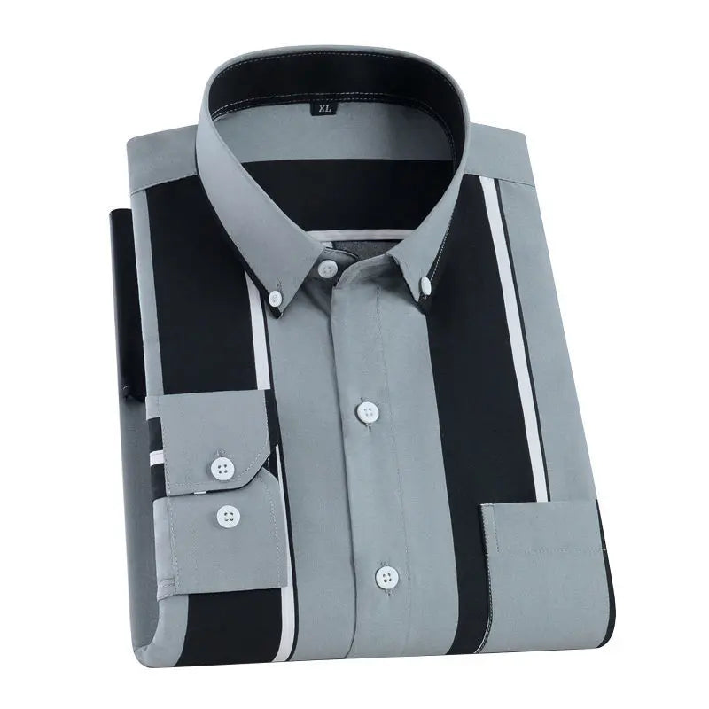 Men's printed long-sleeved striped shirt with chest pocket, slim fit, casual Korean fashion for spring and autumn.